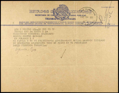 Vida personal del ingeniero Cuauhtémoc Cárdenas Solórzano: Felicitaciones por su examen profesional. XIX