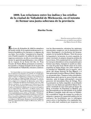 1809. Las relaciones entre los indios y los criollos de la ciudad de Valladolid de Michoacán, en el intento de formar una junta soberana de la provincia