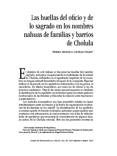 Las huellas del oficio y de lo sagrado en los nombres nahuas de familias y barrios en Cholula