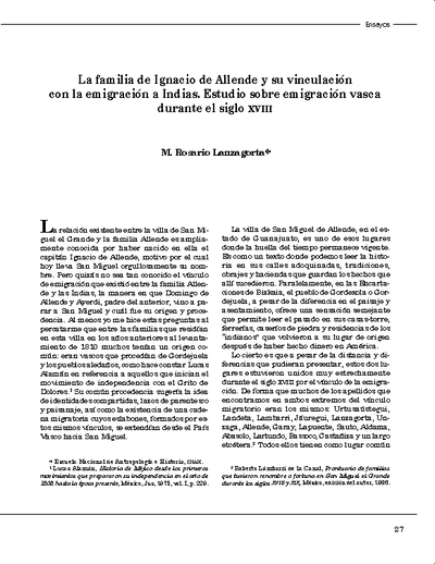 La familia de Ignacio de Allende y su vinculación con la emigración a Indias. Estudio sobre emigración vasca durante el siglo XVIII