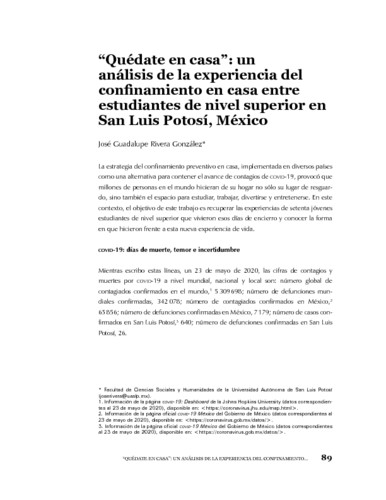 Quédate en casa: un análisis de la experiencia del confinamiento en casa entre estudiantes de nivel superior en San Luis Potosí, México