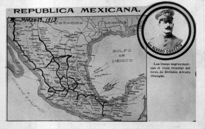 Mapa de México que indica el viaje triunfal de Alvaro Obregón