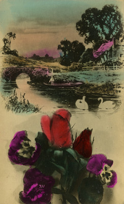 Hombre en una embarcación en un río, tarjeta postal