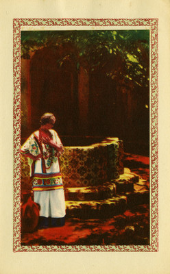 Mujer con indumentaria oaxaqueña junto a una fuente, tarjeta navideña