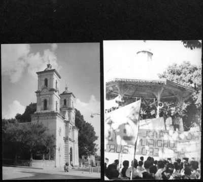 Iglesia de Iguala y gente se manifiesta en una plaza pública
