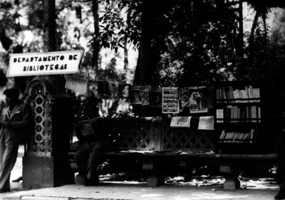 Puesto de libros y revistas en un jardín