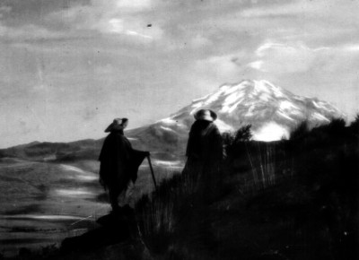Pintura de dos campesinos observando el Popocatépetl