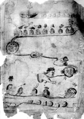 Lámina con dibujos indígenas que representa los pueblos tributarios y conquistados