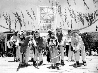 Hombres y mujeres representando la danza de los viejitos