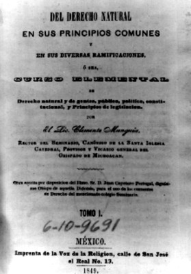 Portada del tomo I del curso de derecho natural en sus principios comunes y ramificaciones, por Clemente Munguía