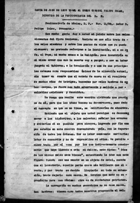 Carta de José de León Toral al Sr. Coronel Felipe Islas director de la penitenciaría del D.F.