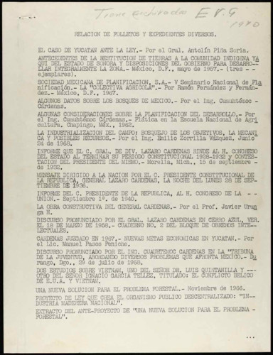 Vida laboral del general Lázaro Cárdenas: Relación de folletos y expedientes