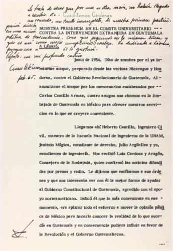 Vida laboral del ingeniero Cuauhtémoc Cárdenas Solórzano: Discurso por la Intervención Extranjera en Guatemala