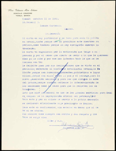 Vida personal del general Lázaro Cárdenas: Declaraciones referentes al movimiento estudiantil