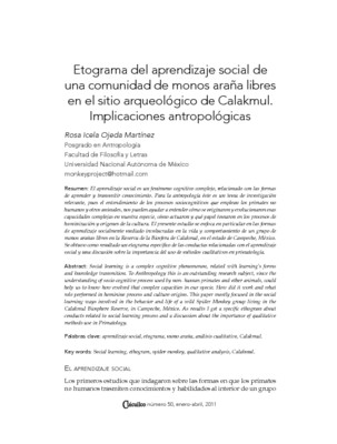 Etograma del aprendizaje social de una comunidad de monos araña libres en el sitio arqueológico de Calakmul. Implicaciones antropológicas