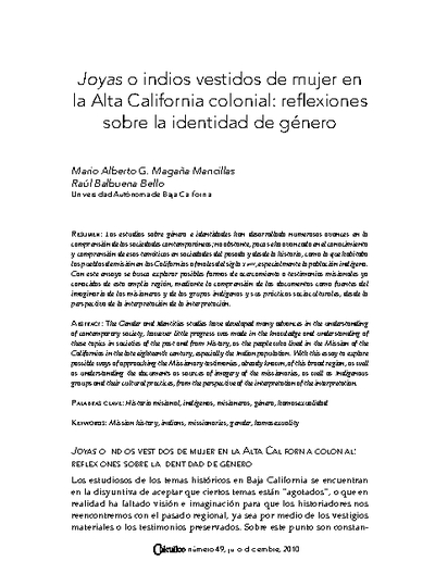 Joyas o indios vestidos de mujer en la Alta California colonial: reflexiones sobre la identidad de género