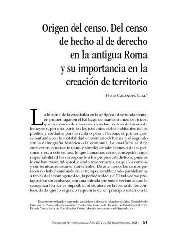 Origen del censo. Del censo de hecho al de derecho en la antigua Roma y su importancia en la creación de territorio