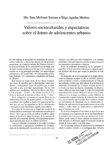 Valores socioculturales y expectativas sobre el futuro de adolescentes urbanos