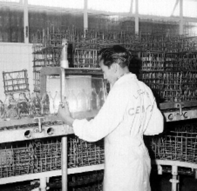 Obrero maniobrando envasadora en una fábrica de leche en polvo CEIMSA