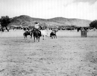 Hombres vestidos de charros montan a caballo dentro de rodeo