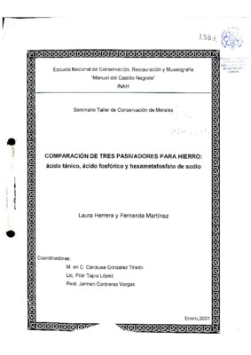 Comparación de tres pasivadores para hierro: ácido tánico, ácido fosfórico y hexametafosfato de sodio