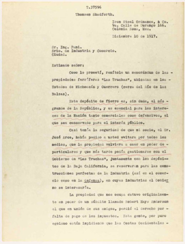 Vida laboral del general Lázaro Cárdenas: Carta de J. Thomson Shadforth al Ingeniero Pani, Secretario de Industria y Comercio.