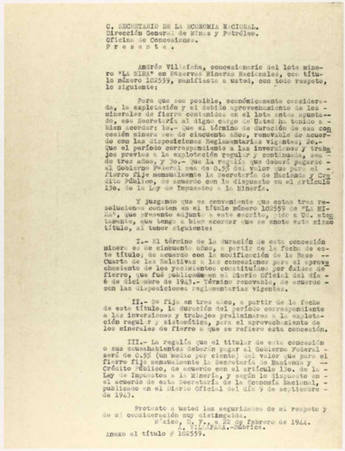 Vida laboral del general Lázaro Cárdenas: Carta de Andres Villafaña Solicita que en el título conste las 3 resoluciones