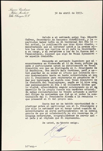 Vida laboral del general Lázaro Cárdenas: Carta de Adolfo Ruíz Cortines, presidente Constitucional de los Estados Unidos Mexicanos al general de división Lázaro Cárdenas para nombrarlo Vocal Ejecutivo de la Comisión del Tepalcatepec