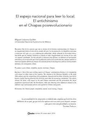 El espejo nacional para leer lo local. El antichinismo en el Chiapas posrevolucionario