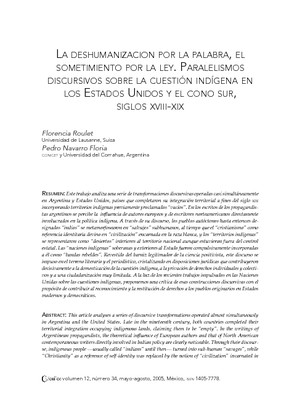 La deshumanizacion por la palabra, el sometimiento por la ley. Paralelismos discursivos sobre la cuestión indígena en los Estados Unidos y el cono sur, siglos XVIII-XIX