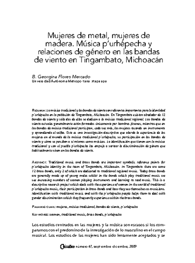 Mujeres de metal, mujeres de madera. Música p’urhépecha y relaciones de género en las bandas de viento en Tingambato, Michoacán