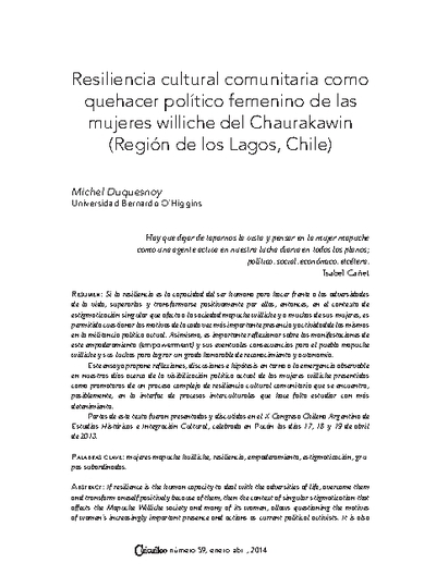 Resiliencia cultural comunitaria como quehacer político femenino de las mujeres williche del Chaurakawin (Región de los Lagos, Chile)