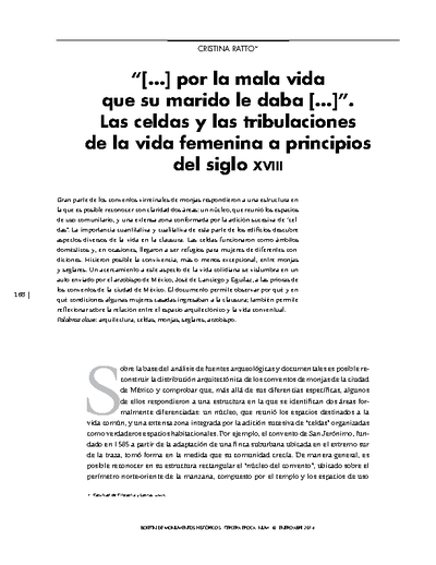 “[…] por la mala vida que su marido le daba […]”. Las celdas y las tribulaciones de la vida femenina a principios del siglo XVIII