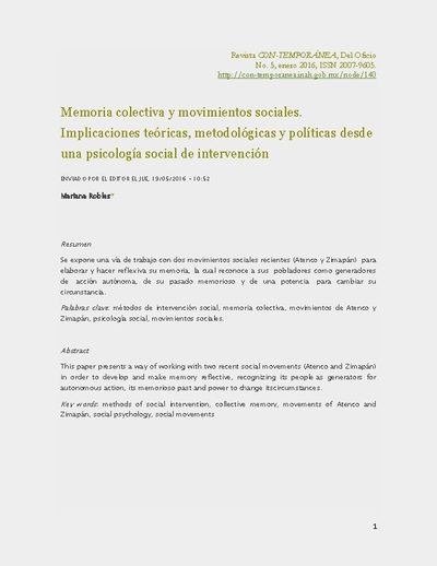 Memoria colectiva y movimientos sociales. Implicaciones teóricas, metodológicas y políticas desde una psicología social de intervención
