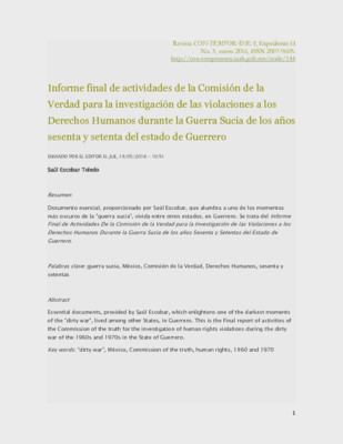 Informe final de actividades de la Comisión de la Verdad para la investigación de las violaciones a los Derechos Humanos durante la Guerra Sucia de los años sesenta y setenta del estado de Guerrero