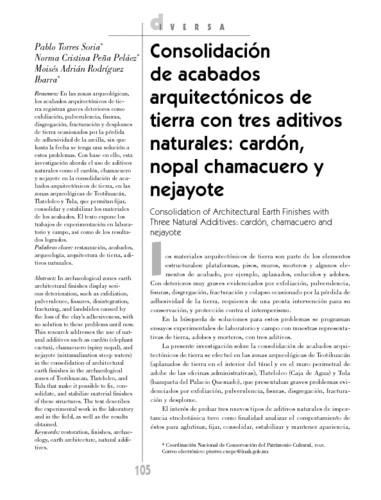 Consolidación de acabados arquitectónicos de tierra con tres aditivos naturales: cardón, nopal chamacuero y nejayote