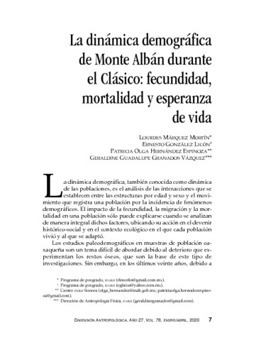 La dinámica demográfica de Monte Albán durante el Clásico: fecundidad, mortalidad y esperanza de vida