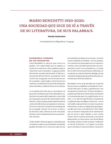 Mario Benedetti 1920-2020: Una sociedad que dice sí a través de su literatura, de su/s palabras/s