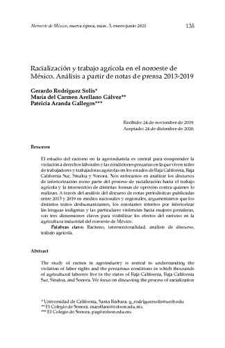 Racialización y trabajo agrícola en el noroeste de México. Análisis a partir de notas de prensa 2013-2019