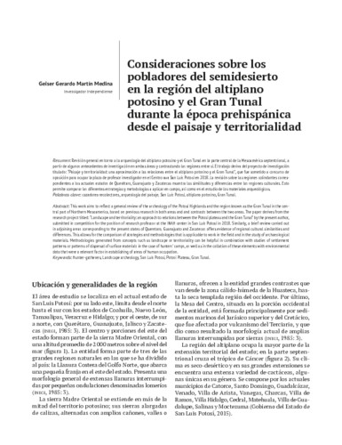 Consideraciones sobre los pobladores del semidesierto en la región del altiplano potosino y el Gran Tunal durante la época prehi