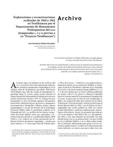 Exploraciones y reconstrucciones realizadas de 1960 a 1962 en Teotihuacan por el Departamento de Monumentos Prehispánicos del INAH (temporadas I, II y III previas a su “Proyecto Teotihuacan”)