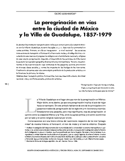 La peregrinación en vías entre la ciudad de México y la Villa de Guadalupe, 1857-1979