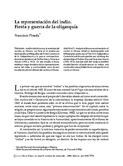La representación del indio. Fiesta y guerra de la oligarquía
