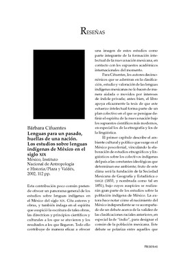 Bárbara Cifuentes, Lenguas para un pasado, huellas de una nación. Los estudios sobre lenguas indígenas de México en el siglo XIX, México, Instituto Nacional de Antropología e Historia/Plaza y Valdés, 2002, 112 pp.