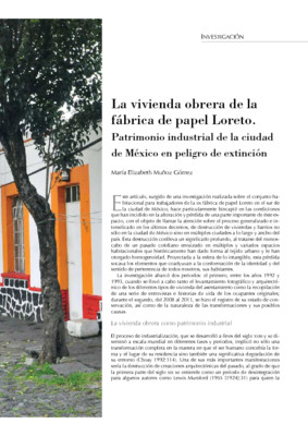 La vivienda obrera de la fábrica de papel Loreto. Patrimonio industrial de la ciudad de México en peligro de extinción