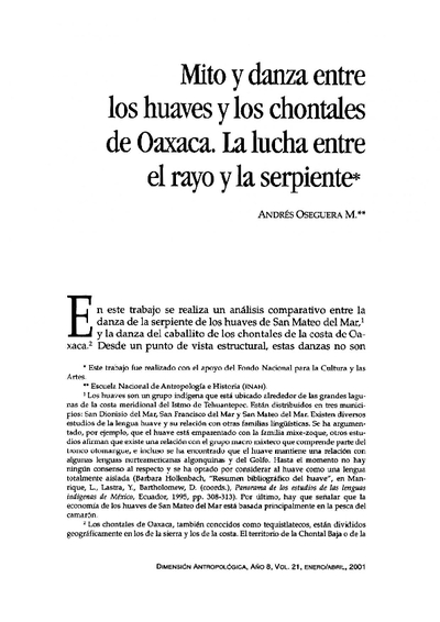 Mito y danza entre los huaves y los chontales de Oaxaca. La lucha entre el rayo y la serpiente