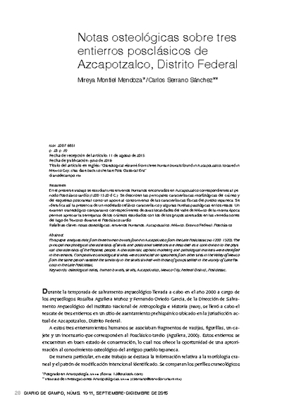 Notas osteológicas sobre tres entierros posclásicos de Azcapotzalco, Distrito Federal