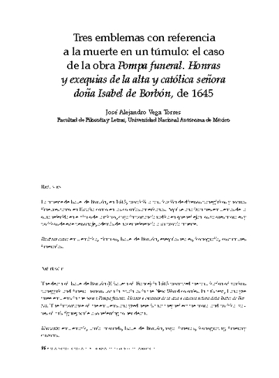 Tres emblemas con referencia a la muerte en un túmulo funerario. El caso de la obra titulada: Pompa Funeral: Honras y exequias de la alta y católica señora doña Isabel de Borbón, 1645