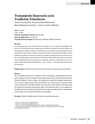 Tratamiento funerario en la Tradición Trincheras Carlos Cruz Guzmán, Silvia Ivet Nava Maldonado, Elisa Villalpando