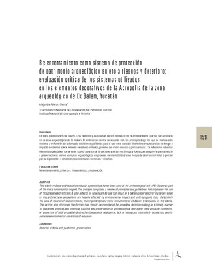 Re-enterramiento como sistema de protección de patrimonio arqueológico sujeto a riesgos y deterioro: evaluación crítica de los sistemas utilizados en los elementos decorativos de la Acrópolis de la zona arqueológica de Ek Balam, Yucatán